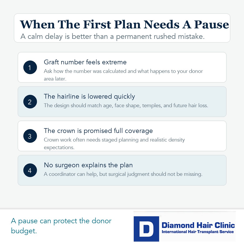 Premium editorial decision gate showing when a hair transplant plan needs a second opinion