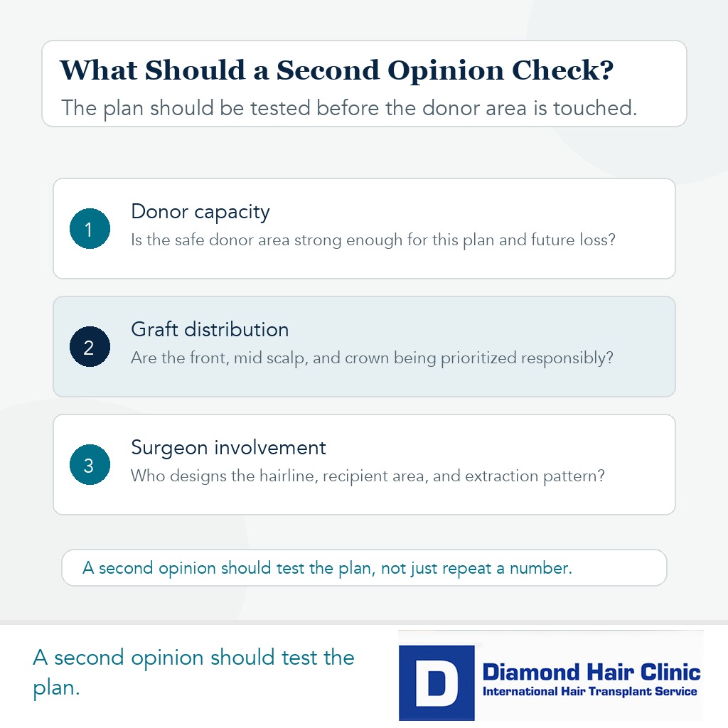 Premium medical editorial visual showing what a hair transplant second opinion should check before surgery