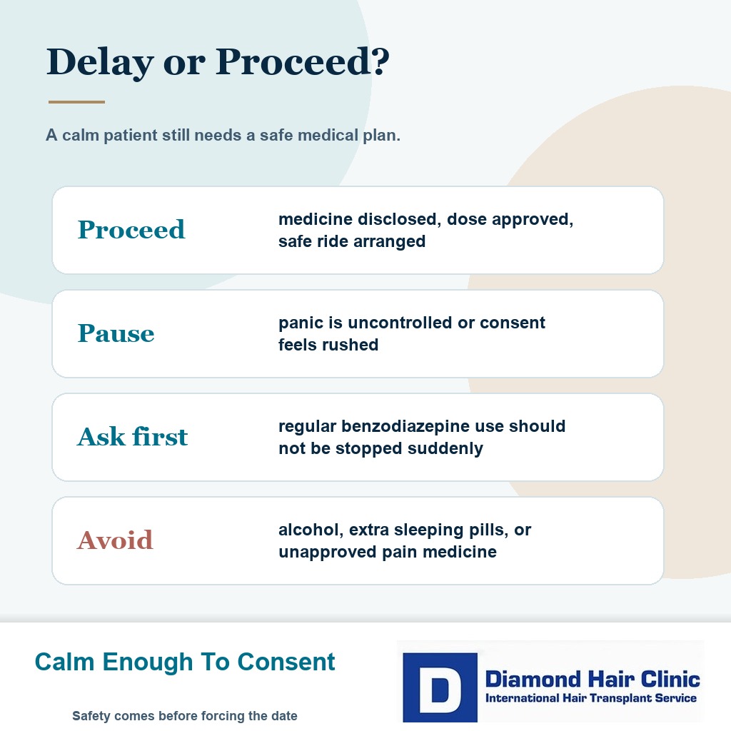 Decision card showing when a hair transplant can proceed or should wait if a sedative is being considered
