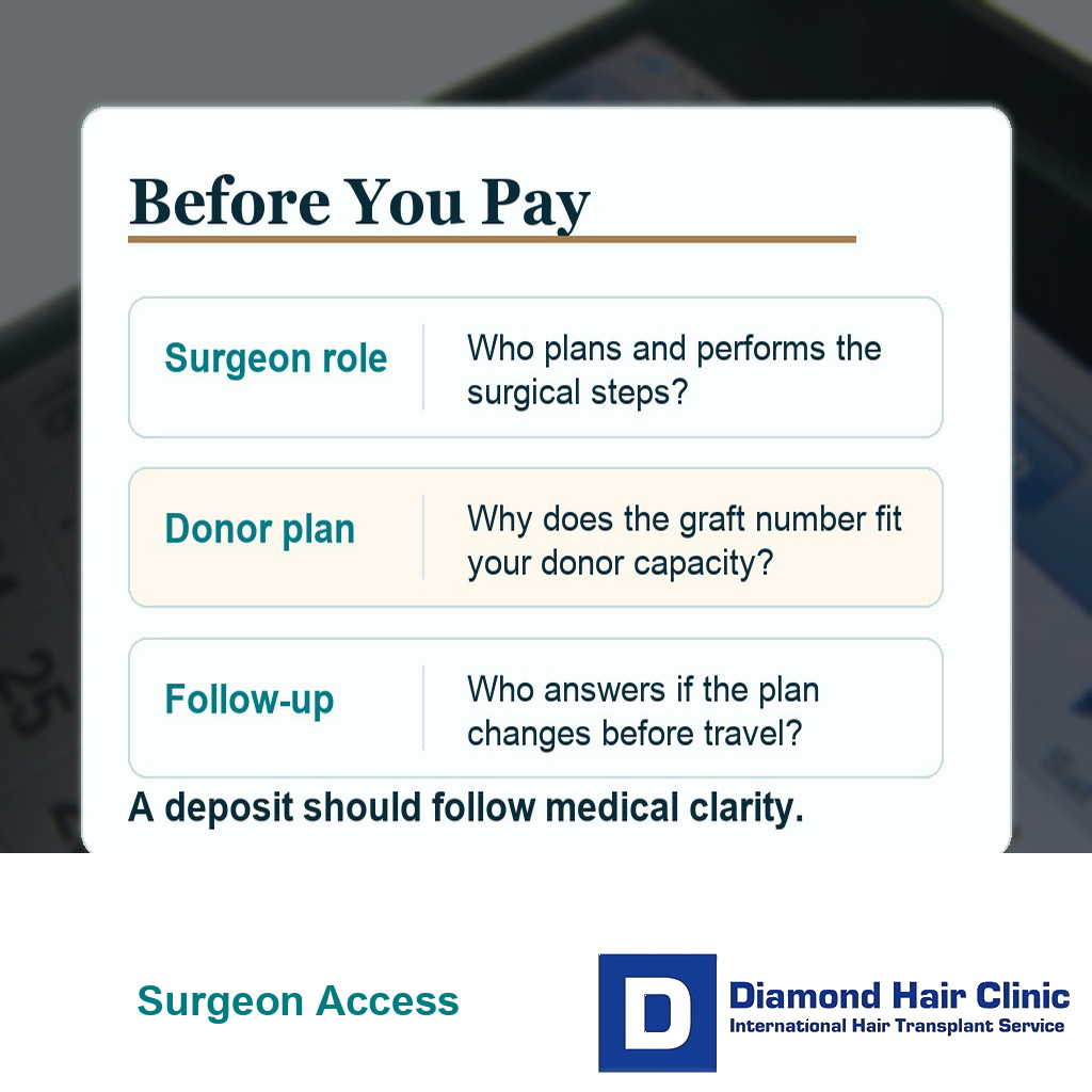 Decision visual showing surgeon role, donor plan, and follow-up access before paying a hair transplant deposit