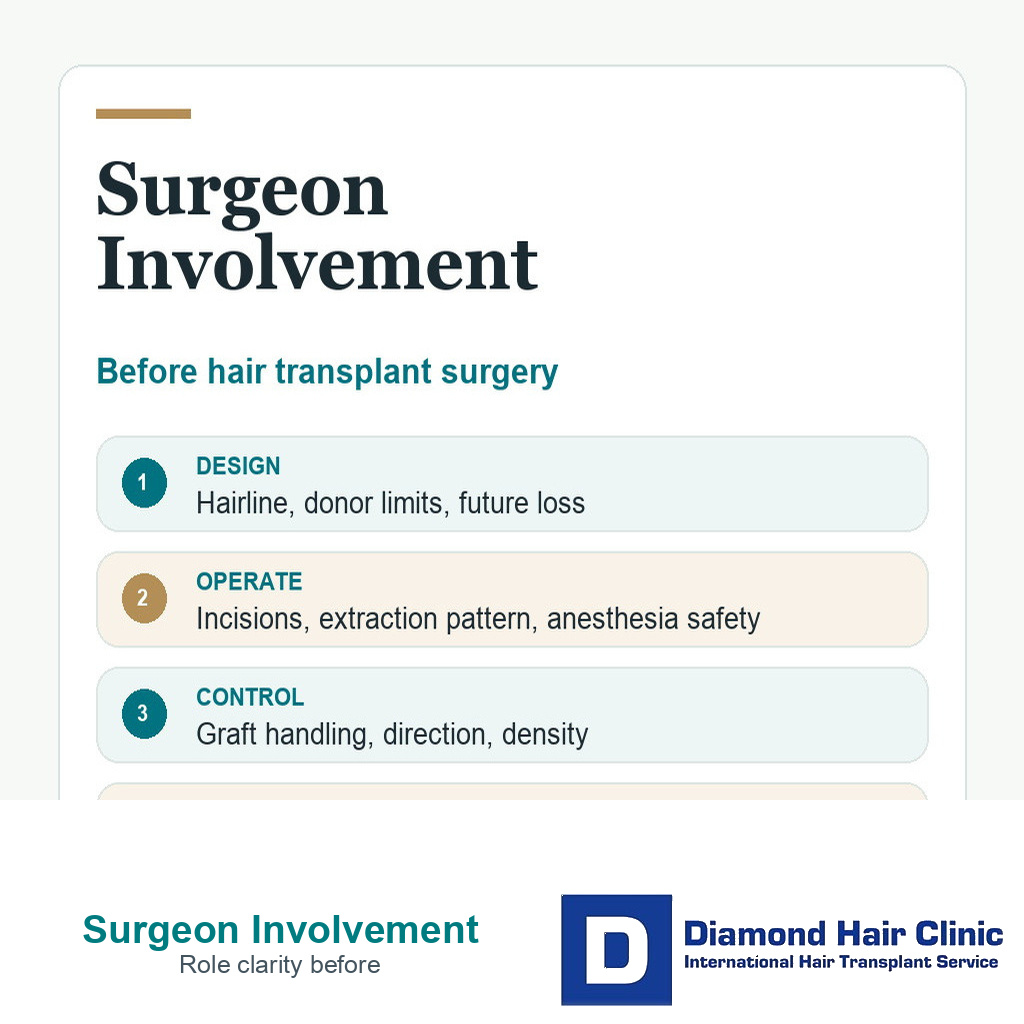Diamond Hair Clinic visual explaining surgeon involvement before hair transplant surgery
