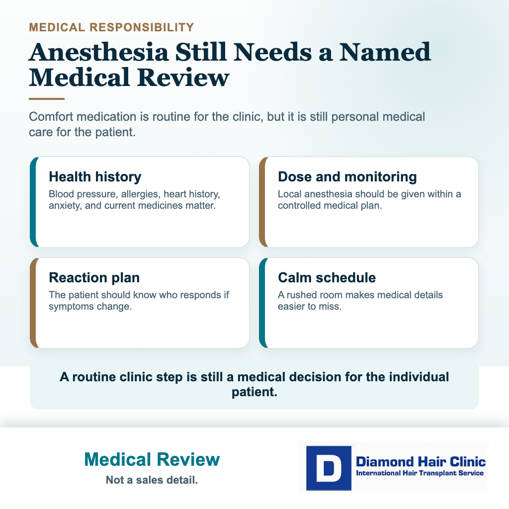 Diamond Hair Clinic visual explaining why local anesthesia and medical reactions need clear medical responsibility during hair transplant surgery