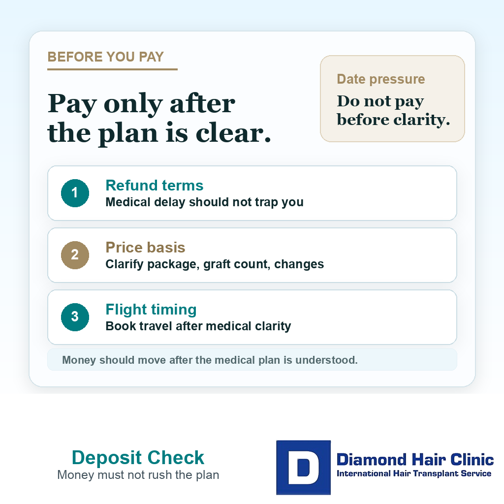 Deposit check card showing refund terms, price basis, and flight timing before a hair transplant booking