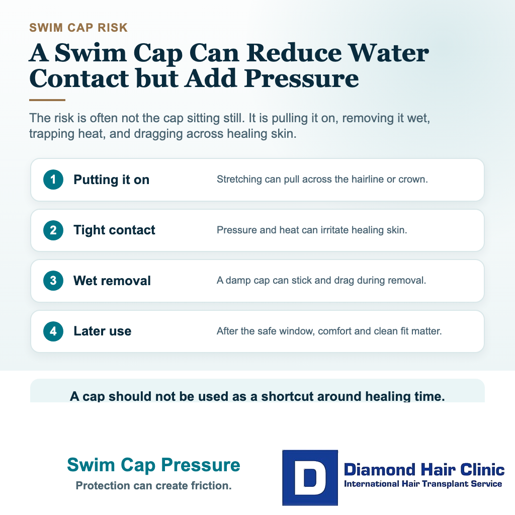 Hair transplant swimming visual explaining swim cap pressure pulling heat and removal risk after surgery