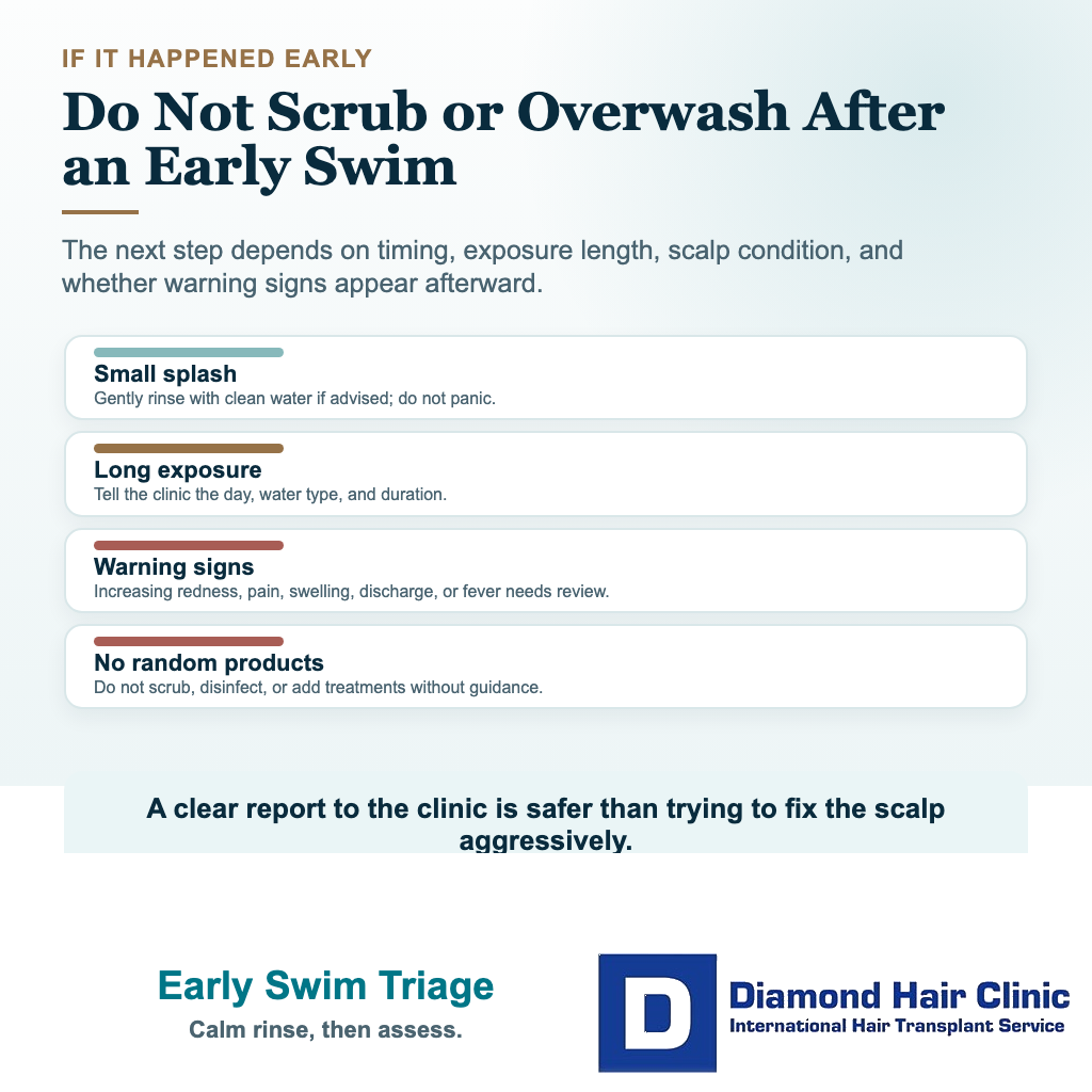 Hair transplant swimming visual showing what to do if swimming happened too early after surgery