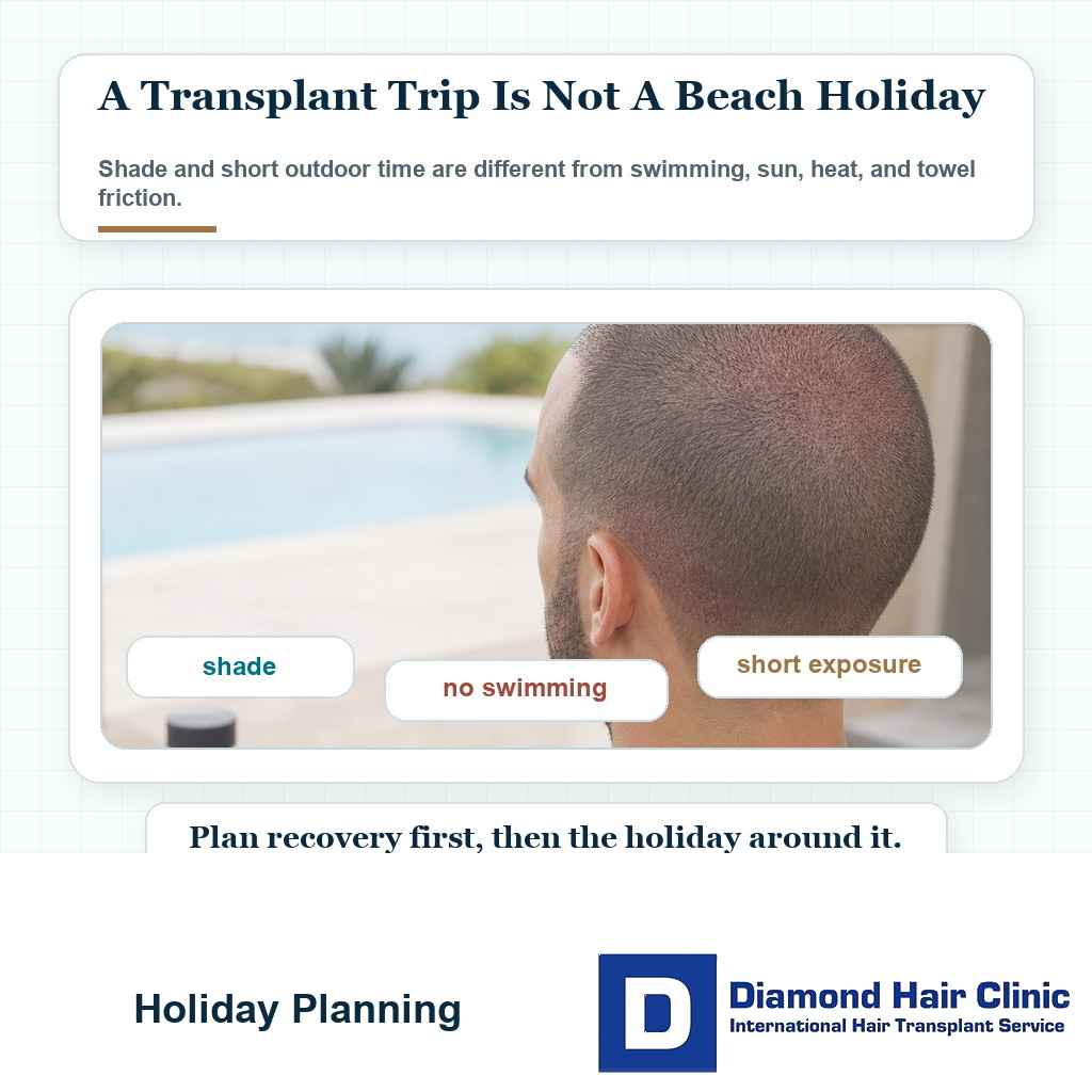 Poolside recovery visual showing shaded rest without swimming after a hair transplant