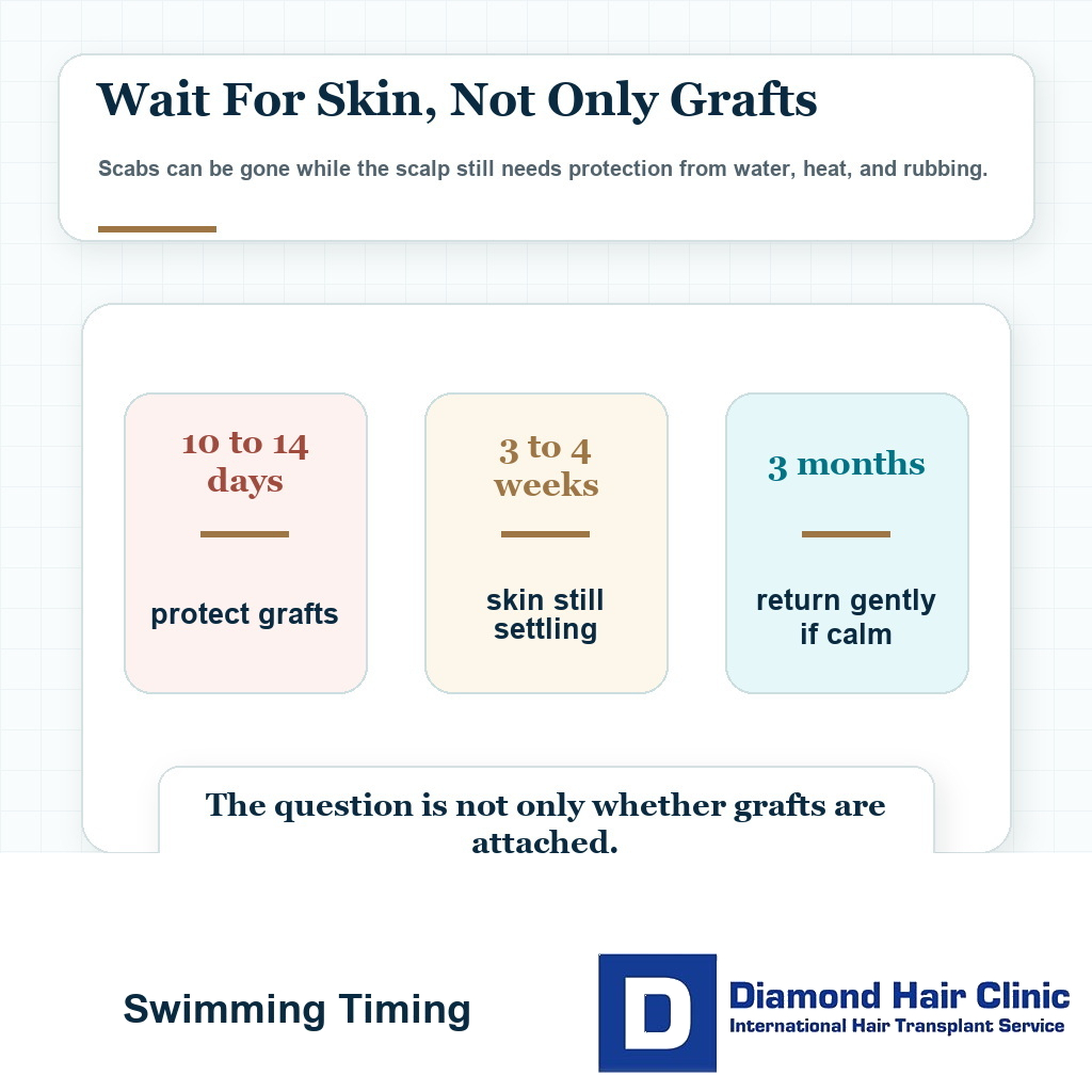 Timeline card explaining why swimming should wait until the scalp has recovered, not only until grafts feel secure
