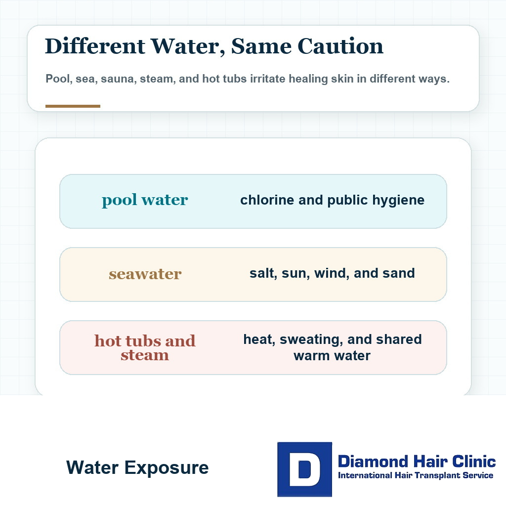 Comparison card showing chlorine, salt sun and heat hygiene risks after a hair transplant