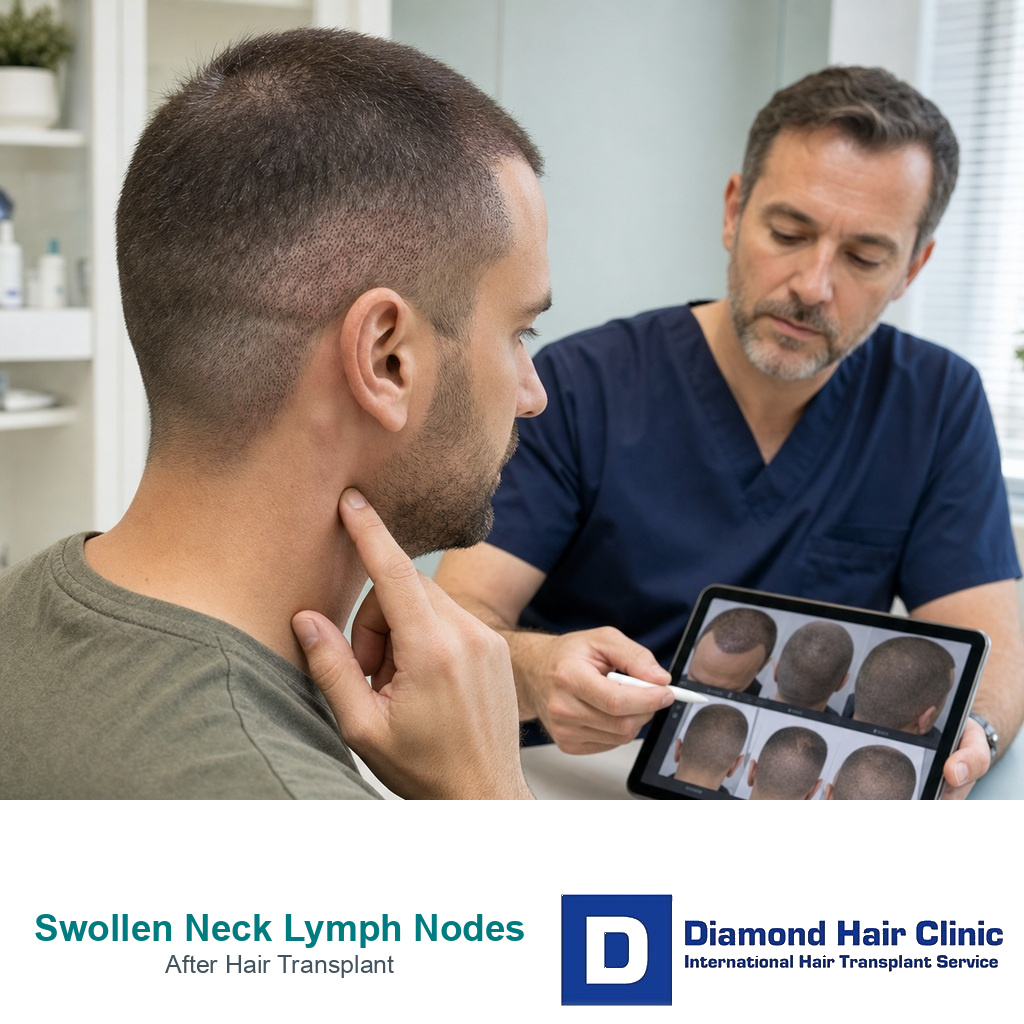 Recent FUE patient touching a tender upper neck lymph node during surgeon follow-up review