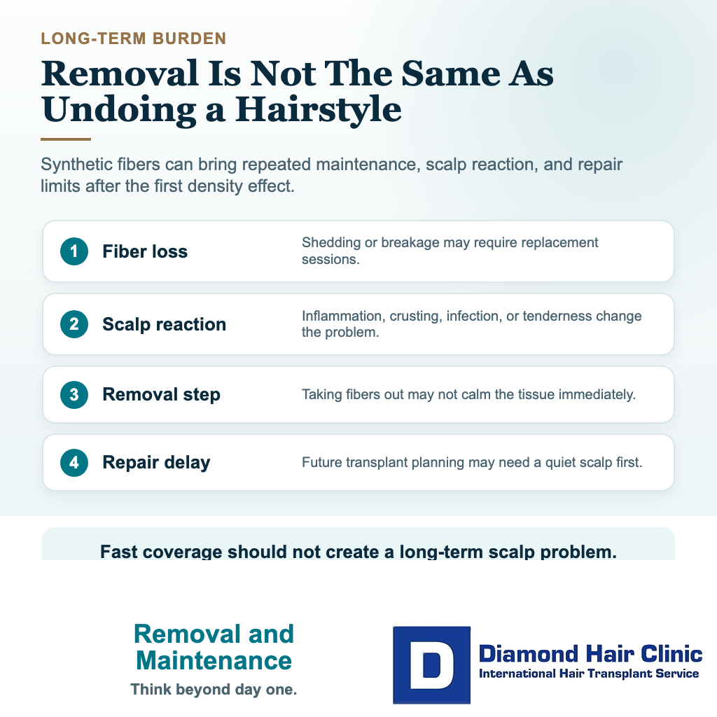 Visual explaining maintenance and removal risks with synthetic hair implants