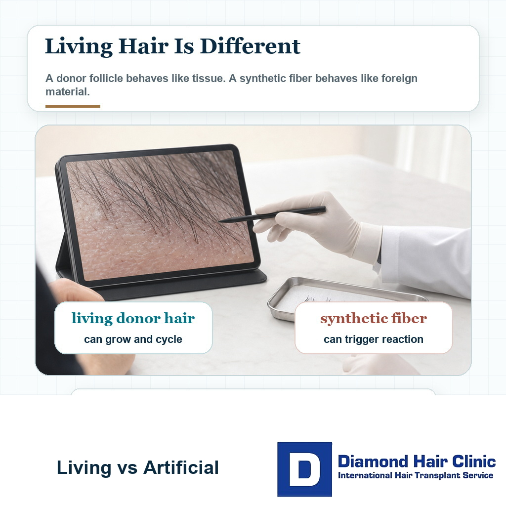 Living donor follicles compared with synthetic hair fibers