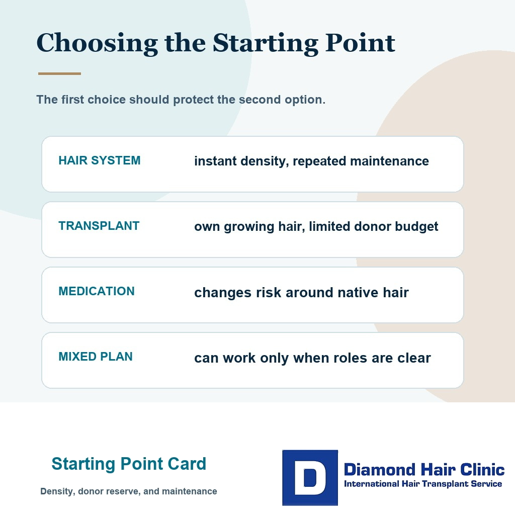 Decision card comparing hair system transplant donor medication and maintenance factors