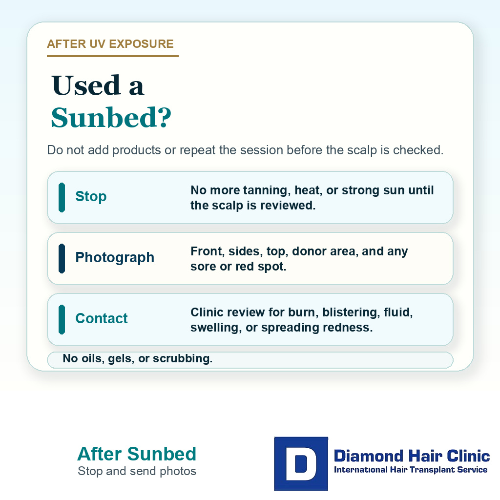Information card explaining what to do if a patient already used a tanning bed after FUE, including stopping sessions, taking photos, and contacting the clinic for warning signs.