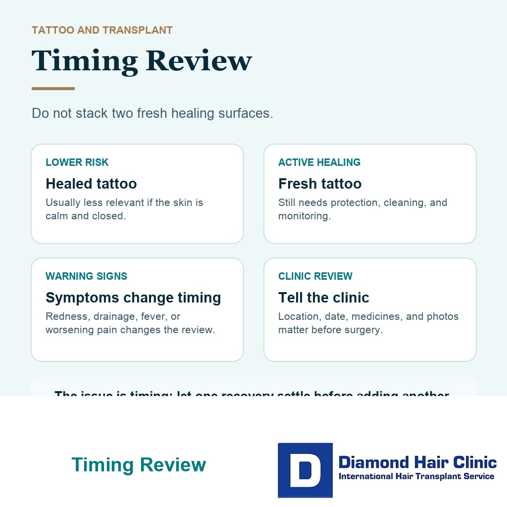 Timing review card explaining when tattoo healing should settle before hair transplant surgery