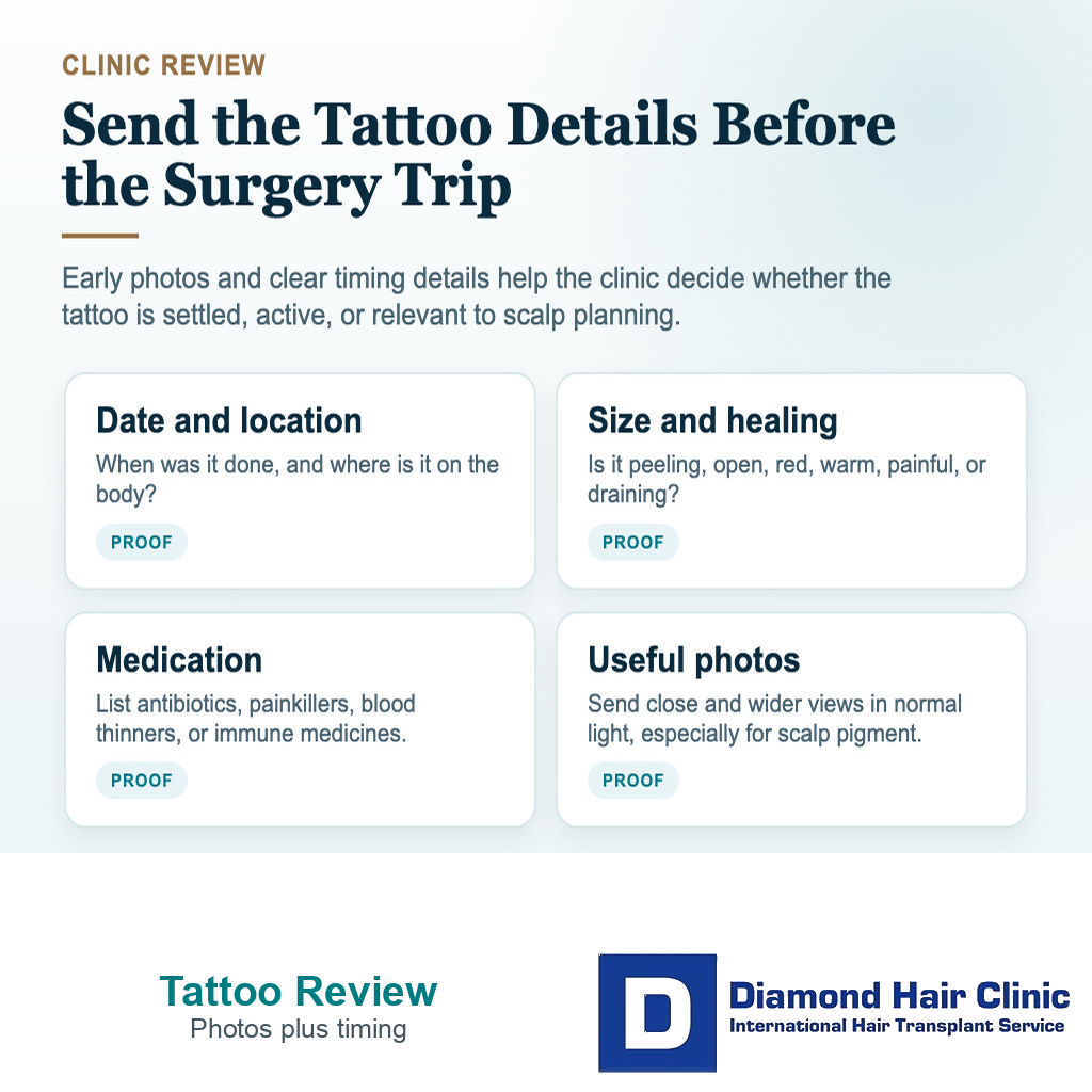 Visual showing what tattoo details and photos to send the clinic before hair transplant surgery