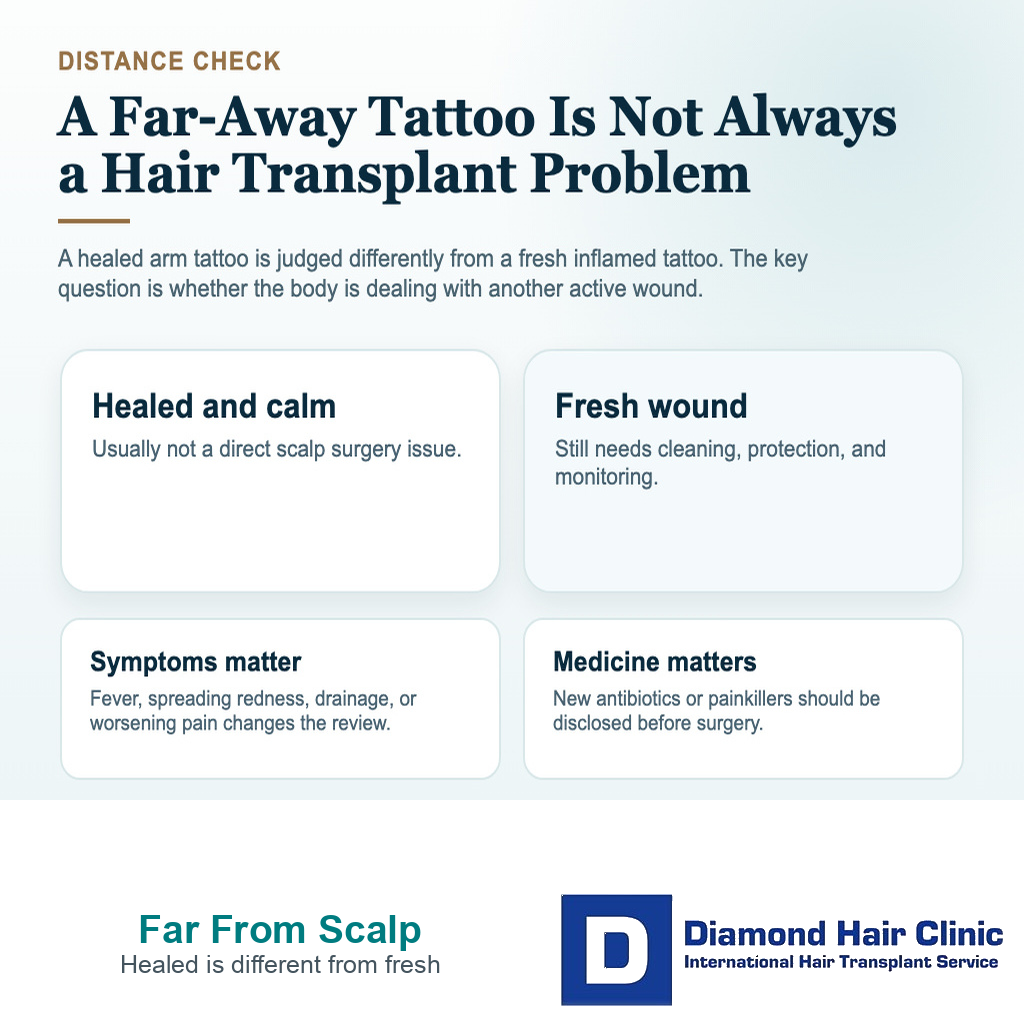Visual explaining when a tattoo far from the scalp still matters before hair transplant surgery