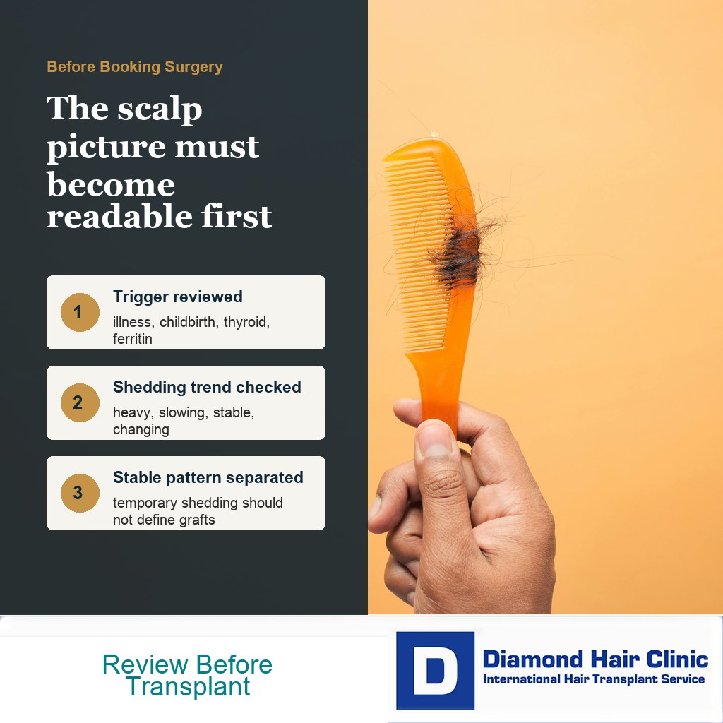 Three timing checks before hair transplant surgery during telogen effluvium