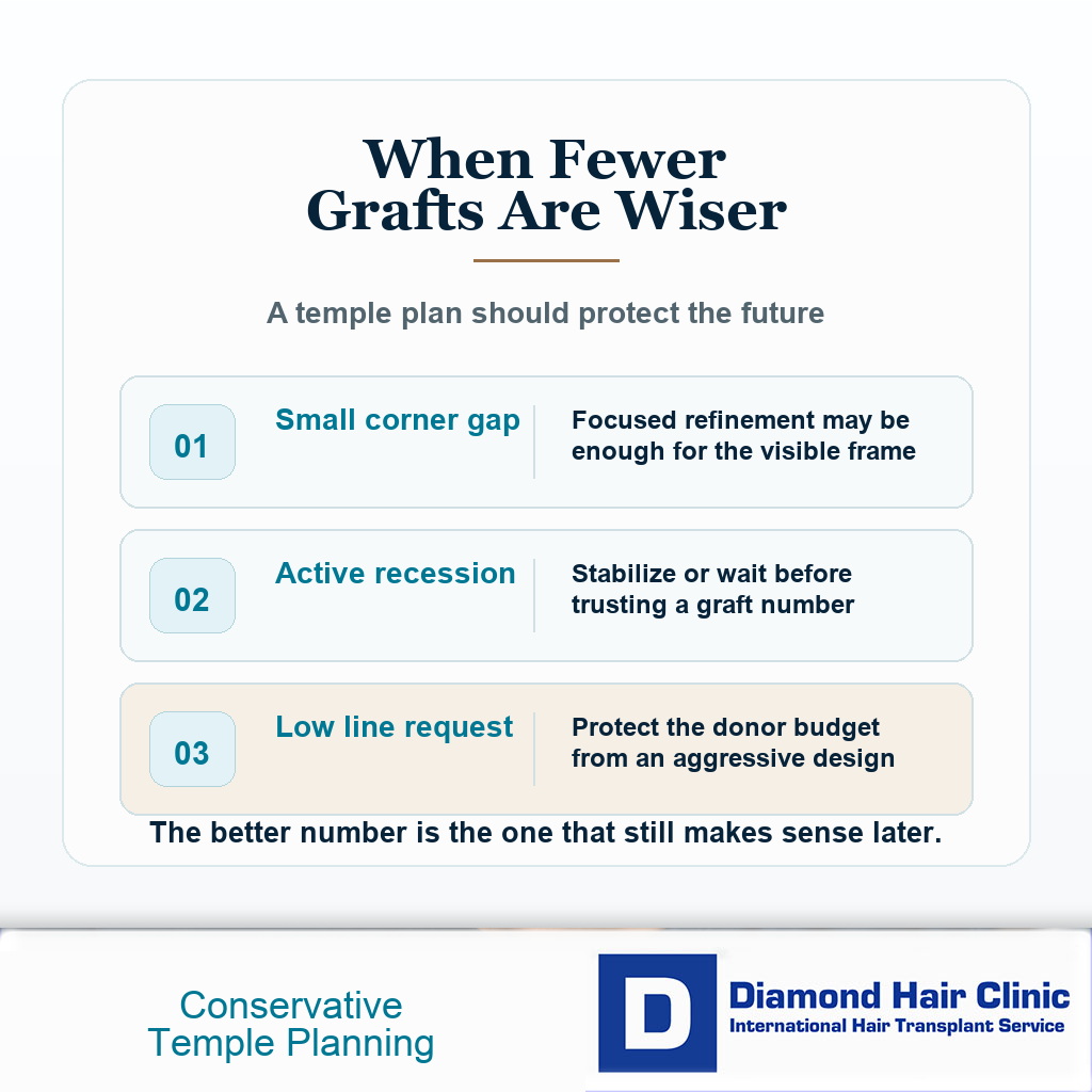 Temple graft decision card showing when fewer grafts may protect the long-term hair transplant plan