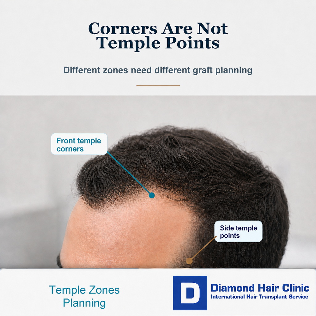 Hairline planning visual showing front temple corners and side temple points as separate zones