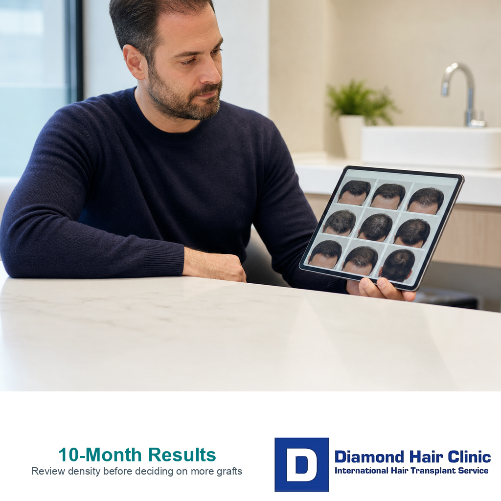 10-month hair transplant result review with standardized photos and donor-aware planning