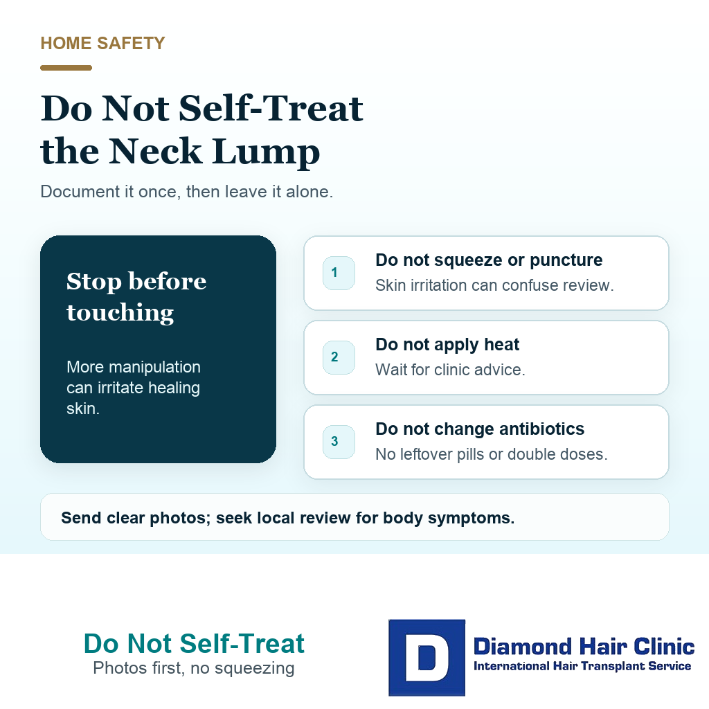Support visual telling FUE patients not to squeeze puncture heat or self treat a tender neck lump before sending photos