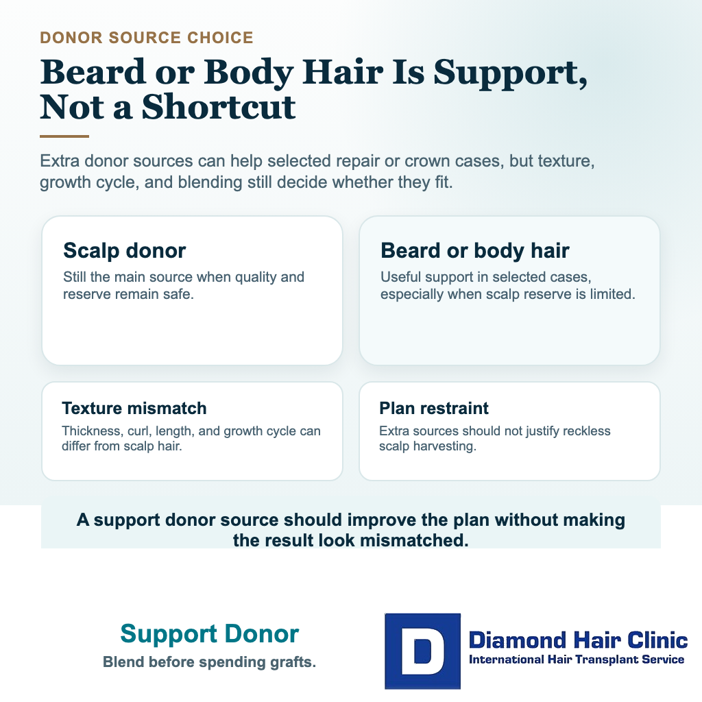 Visual explaining beard and body hair as support donor sources for selected third hair transplant cases