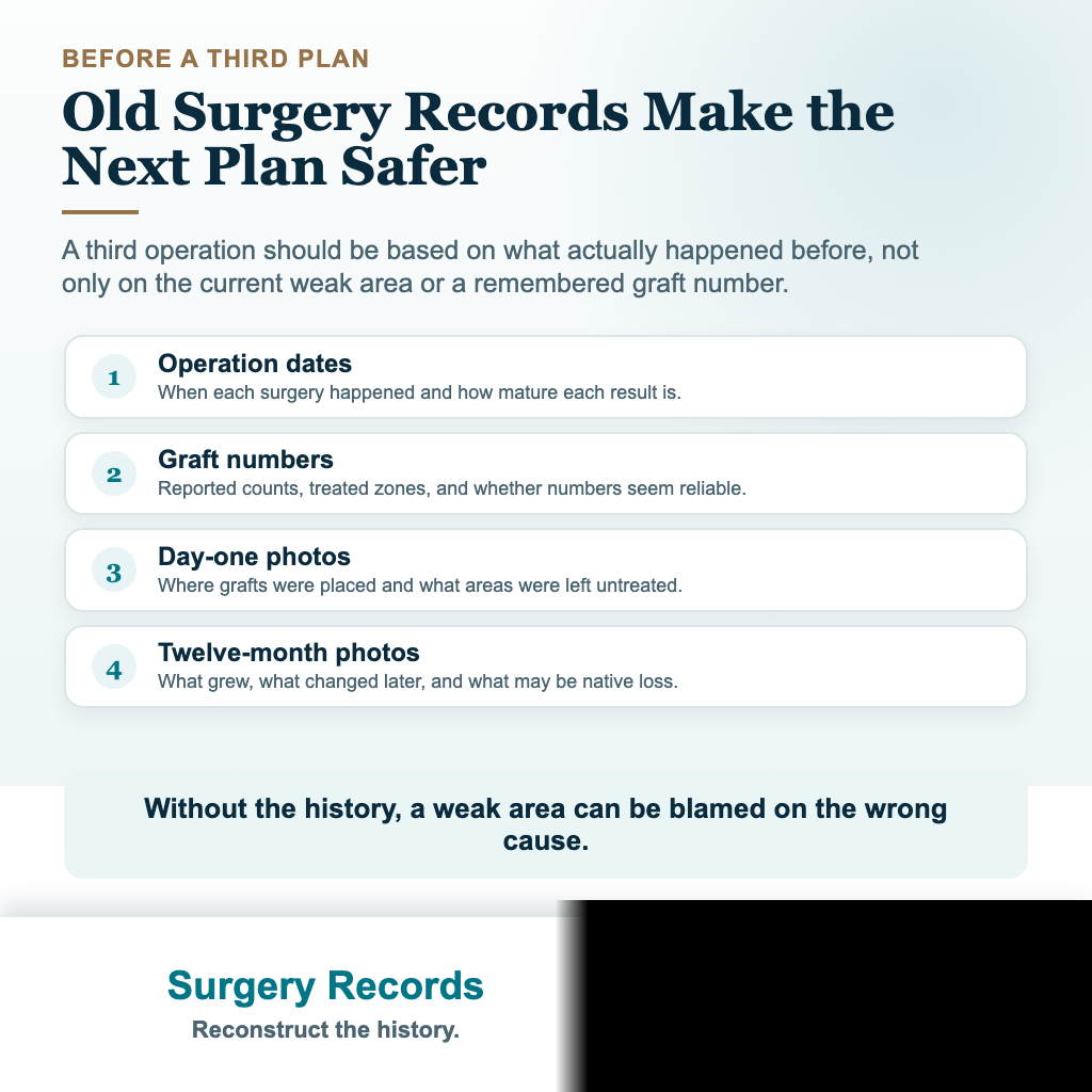 Visual showing which previous hair transplant records help plan a safer third hair transplant