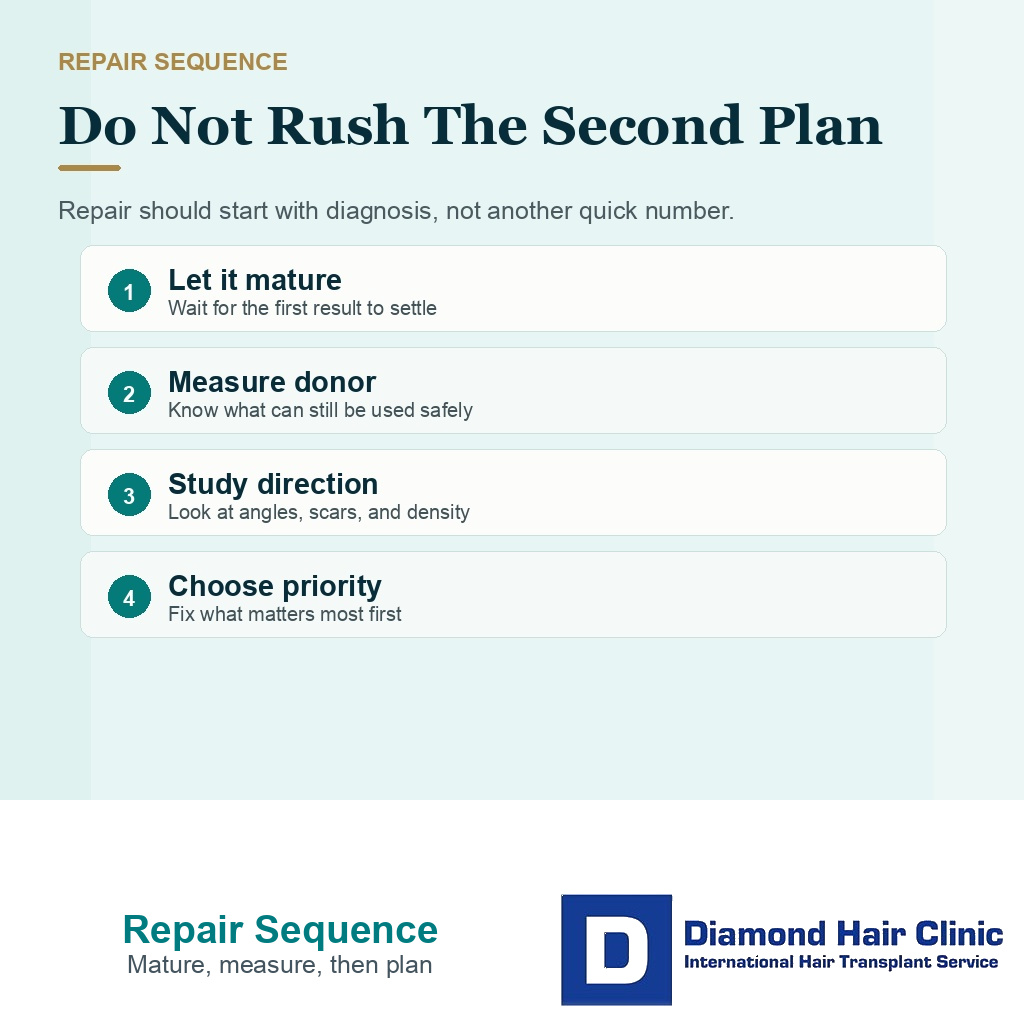 Repair sequence card showing staged third hair transplant planning and donor safety