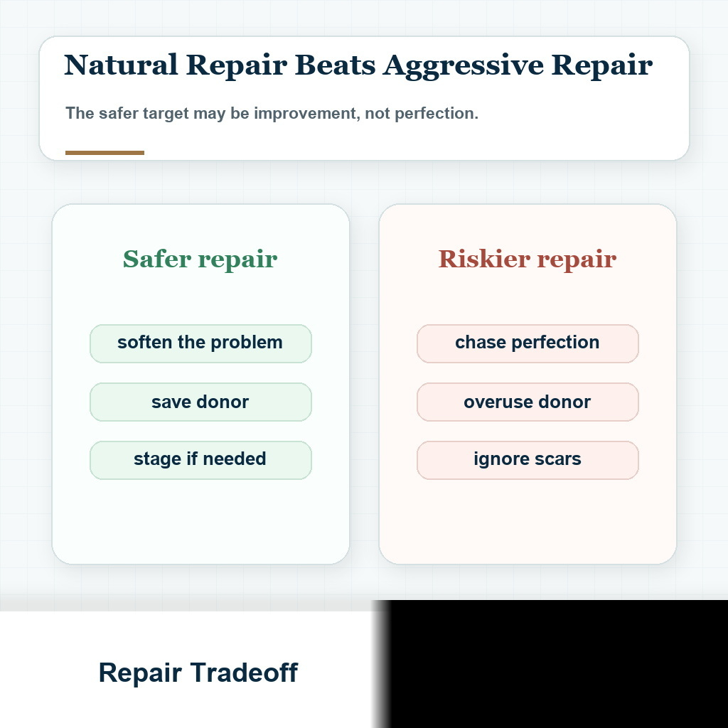 Comparison visual showing conservative versus aggressive repair planning before a third hair transplant
