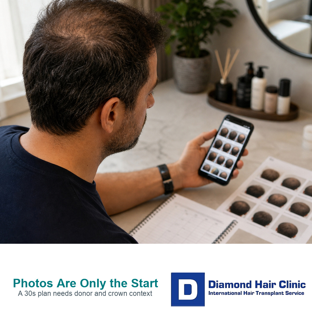 Man in his 30s comparing scalp photos before a hair transplant plan is made