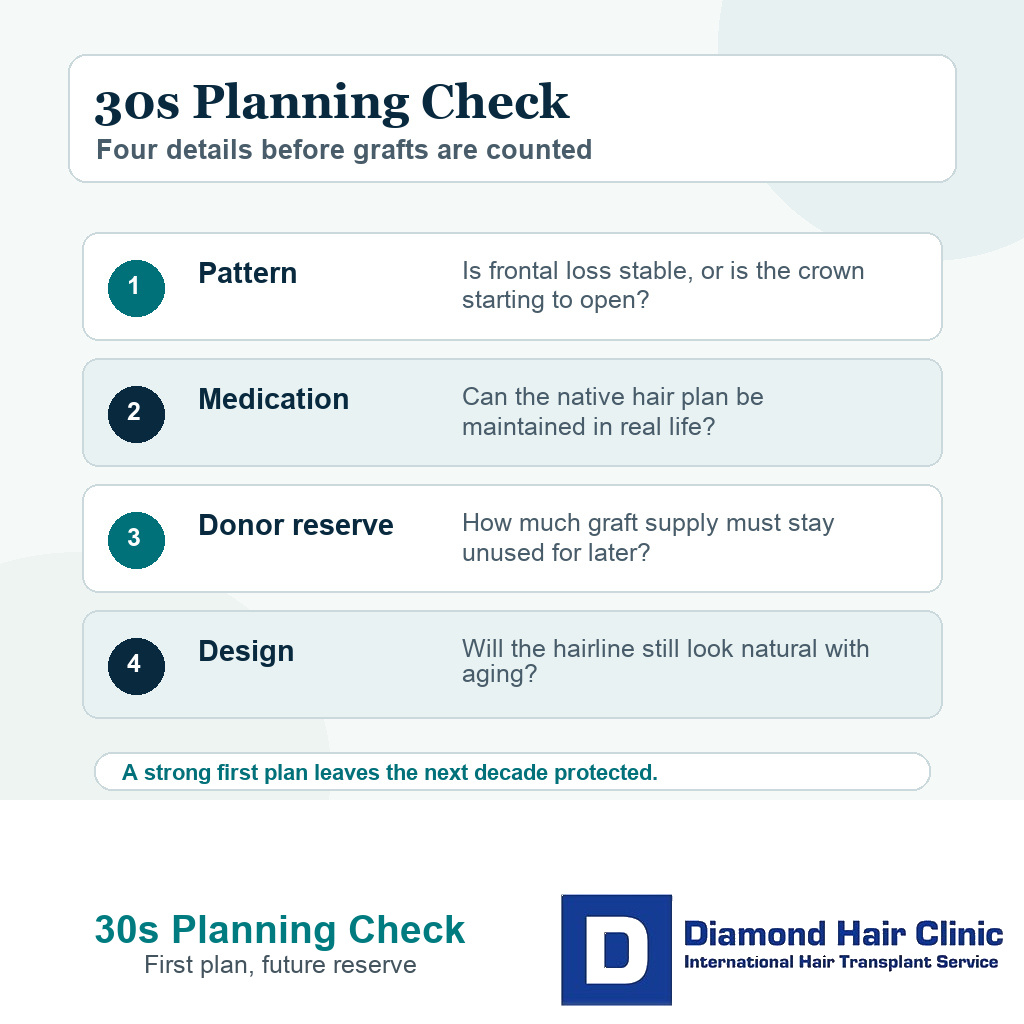 Clinical support card showing pattern, medication, donor reserve, and crown risk checks before hair transplant in the 30s
