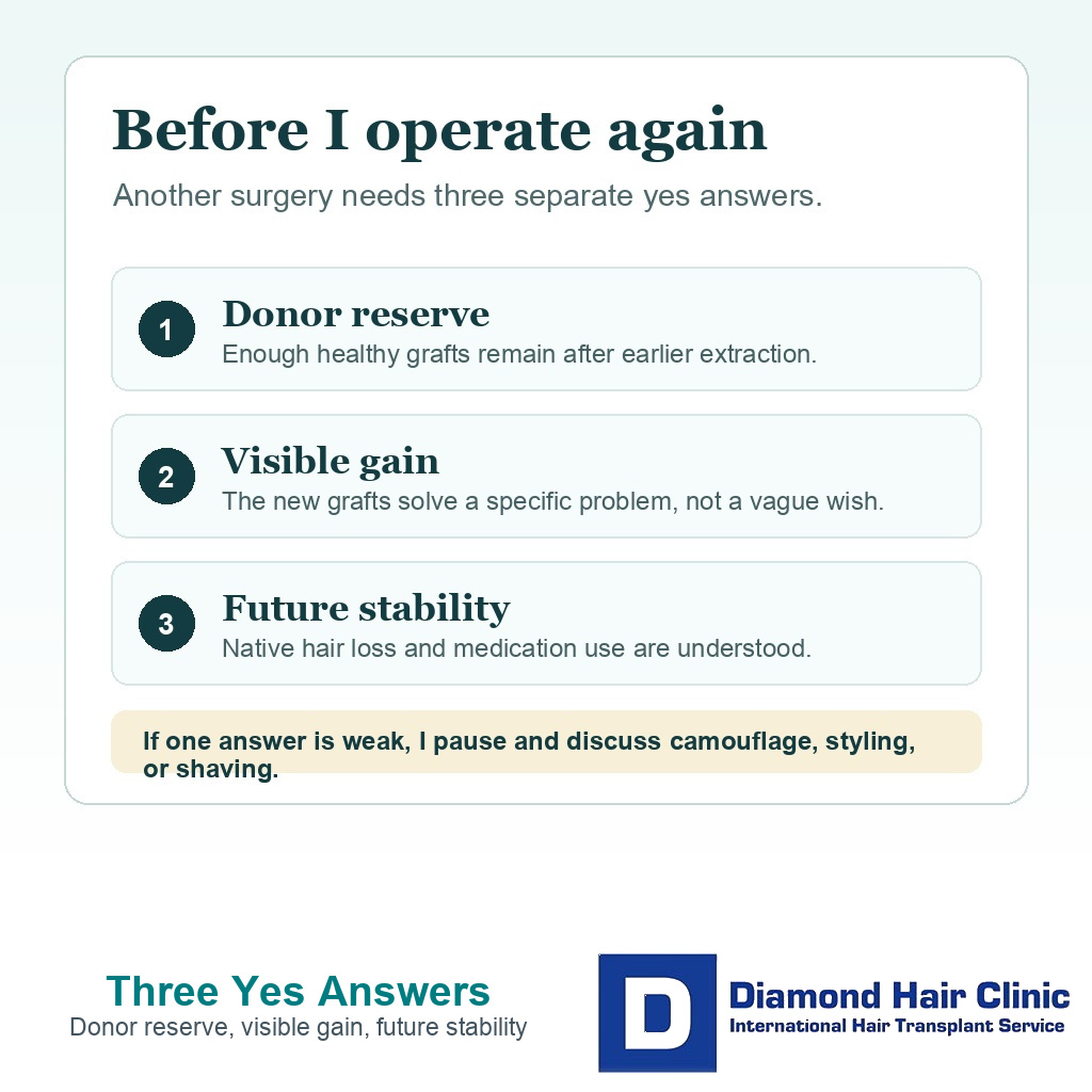 Clinical card with donor reserve visible gain and future stability before another hair transplant