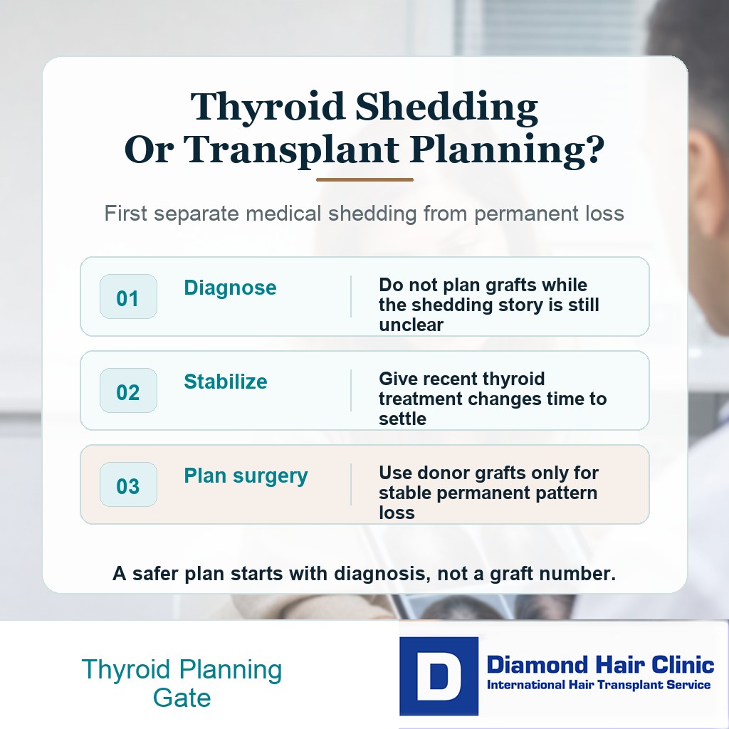 Explanatory visual showing diagnosis and stable shedding before transplant planning in thyroid-related hair loss