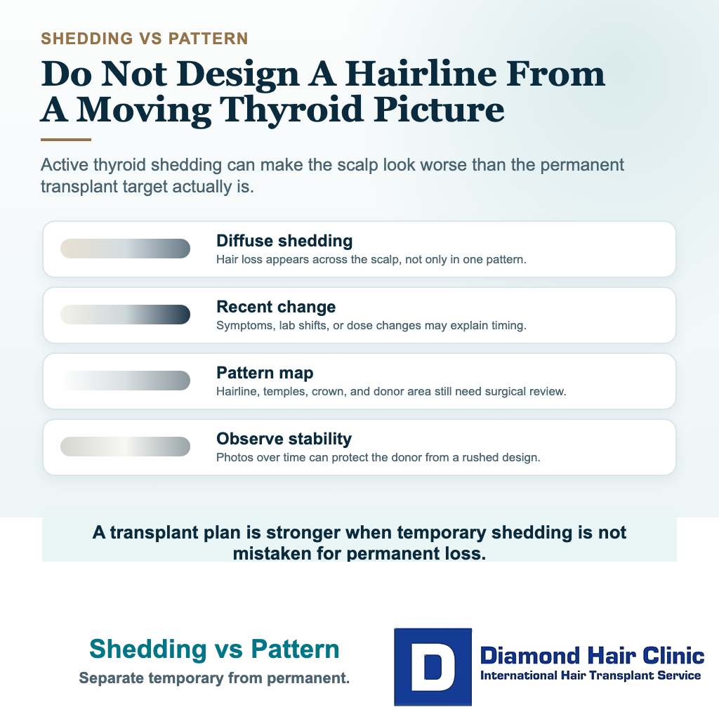 Visual explaining how thyroid related diffuse shedding differs from stable pattern hair loss before hair transplant planning