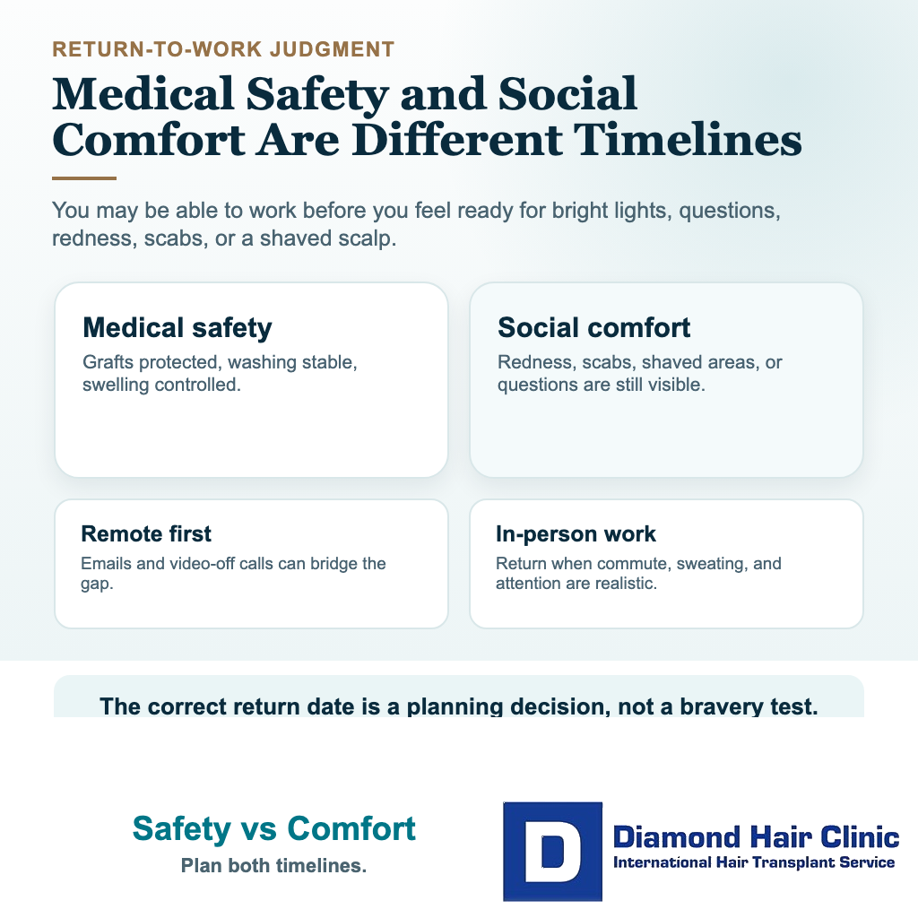 How Much Time Should I Take Off Work After a Hair Transplant? visual explaining safety vs comfort