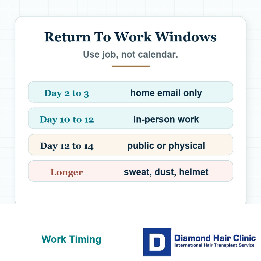 Timing card showing different return to work windows after a hair transplant