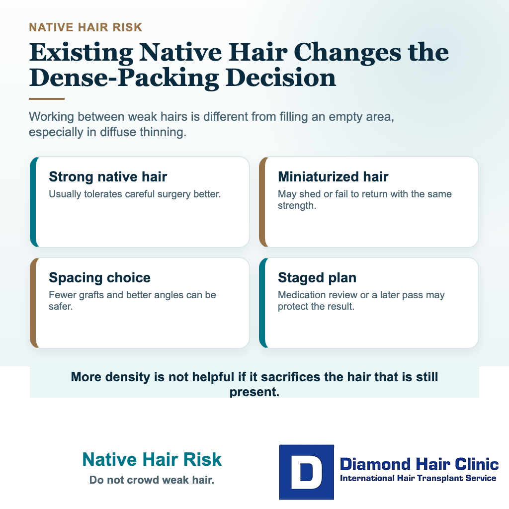 Can Too Many Grafts in One Area Damage a Hair Transplant? visual explaining native hair risk