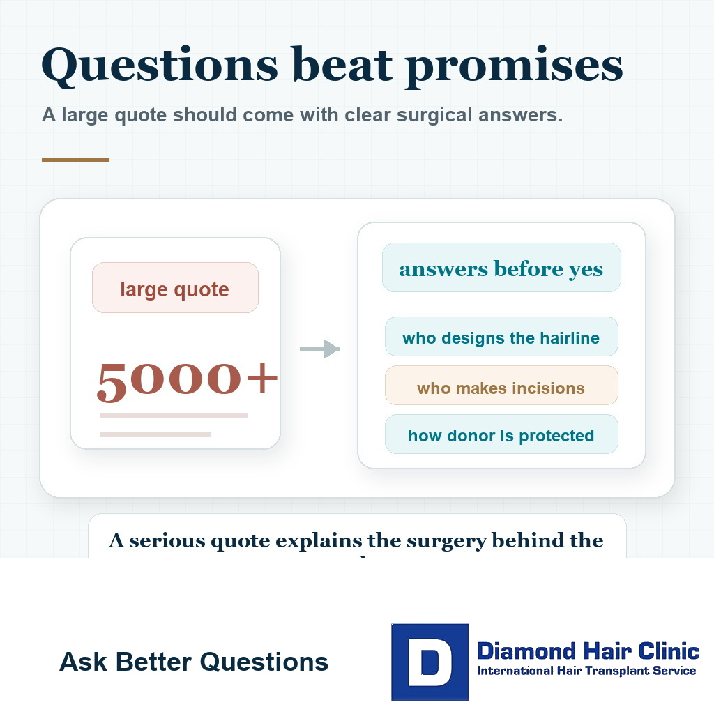 Visual showing patients should ask surgical planning questions before accepting a high hair transplant graft number promise