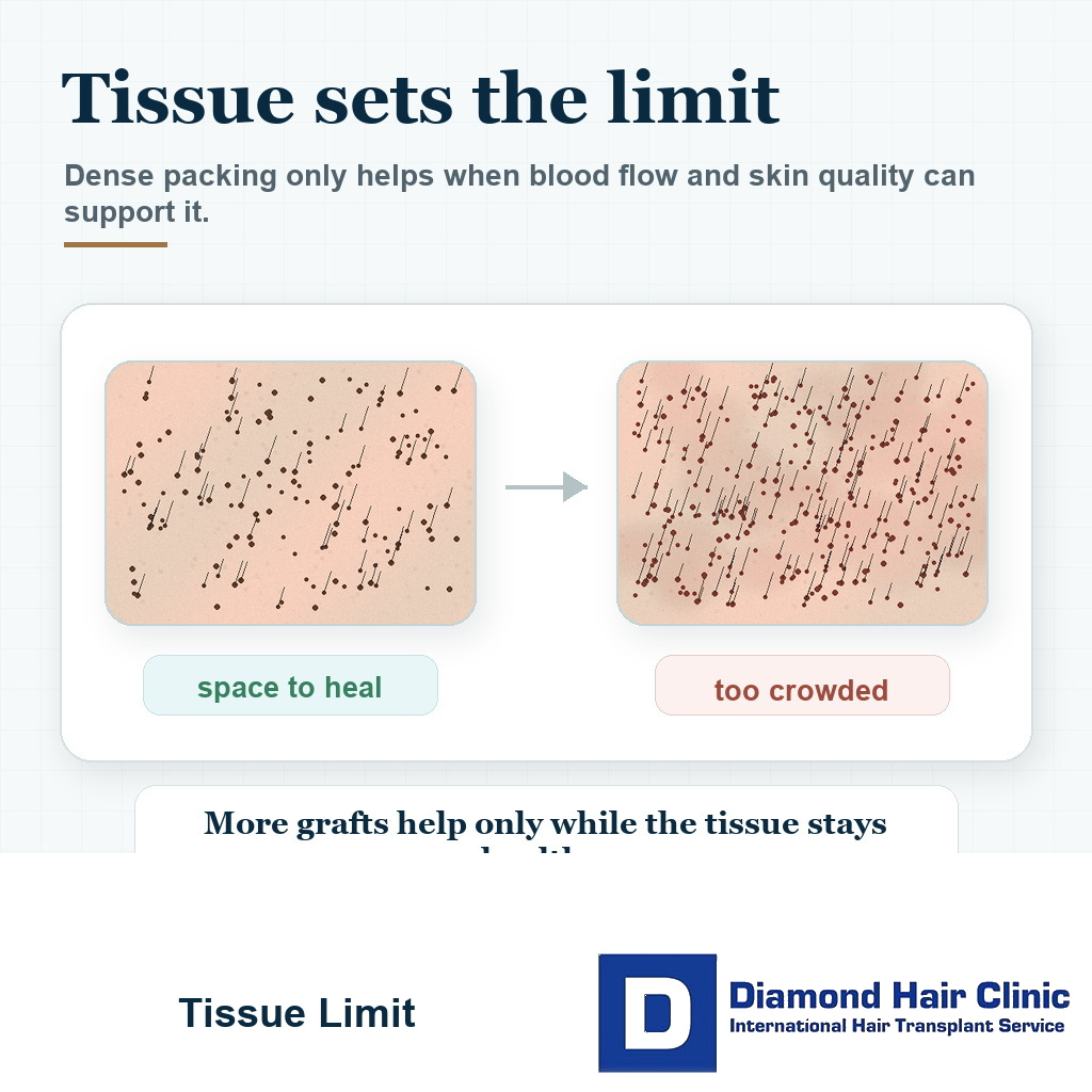 Visual showing dense hair transplant packing is safe only when the scalp tissue can support the grafts