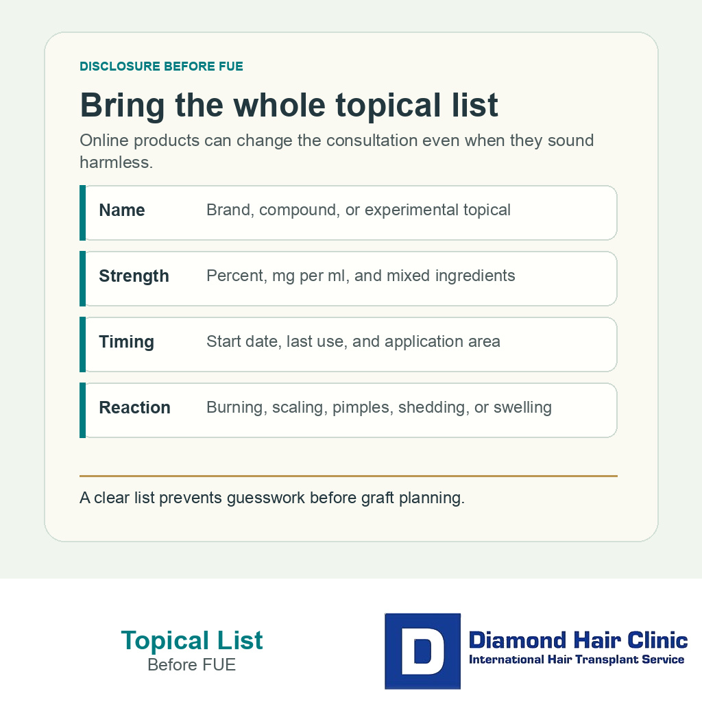 Information card showing what topical hair loss product details to bring before FUE