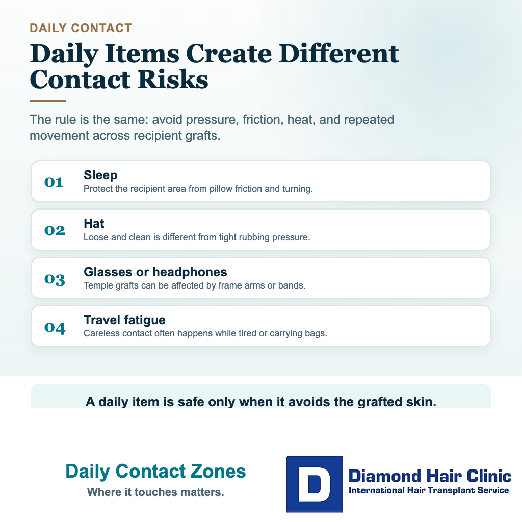 Hair transplant graft care visual explaining daily contact risks from sleep hats glasses and headphones