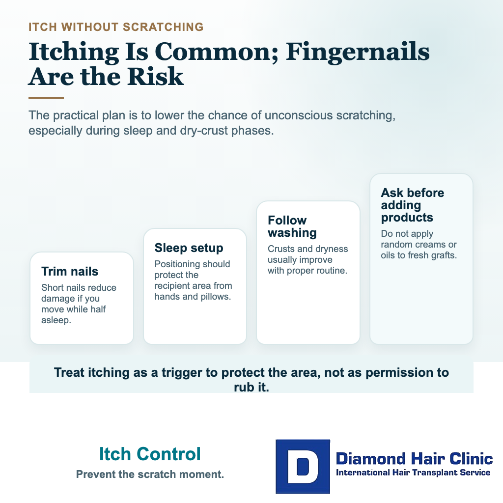 Hair transplant graft care visual explaining how to manage itching without scratching grafts