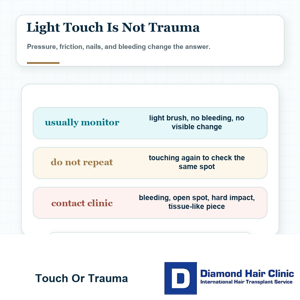 Decision card explaining light contact versus trauma after touching hair transplant grafts