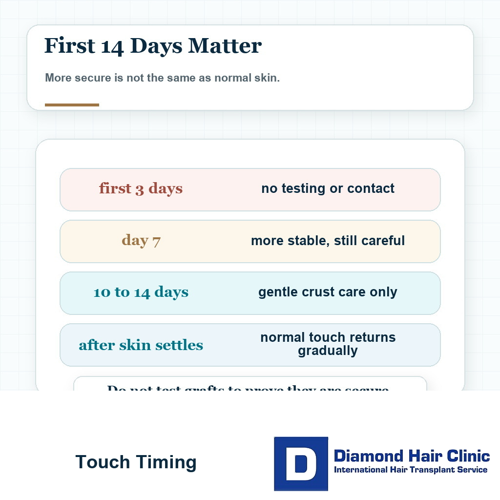 Touch grafts after hair transplant timing card showing no contact early and gradual handling after the skin settles