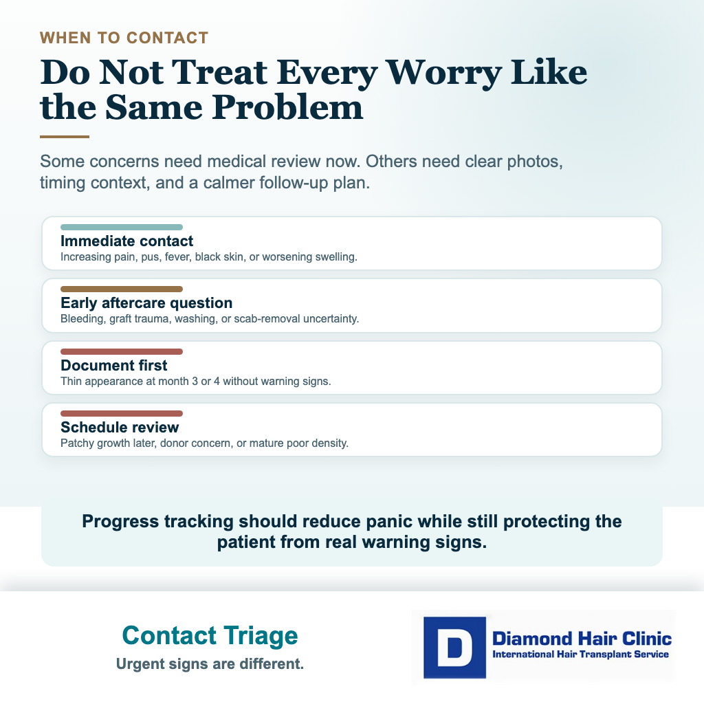 Visual explaining when to contact the clinic instead of waiting during hair transplant growth tracking