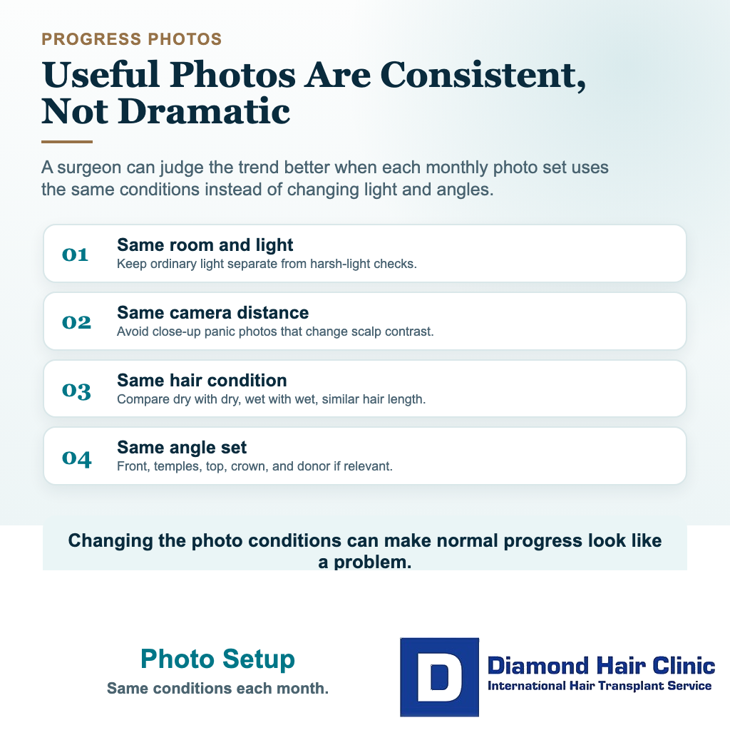 Visual guide for taking consistent hair transplant progress photos with stable lighting and angles