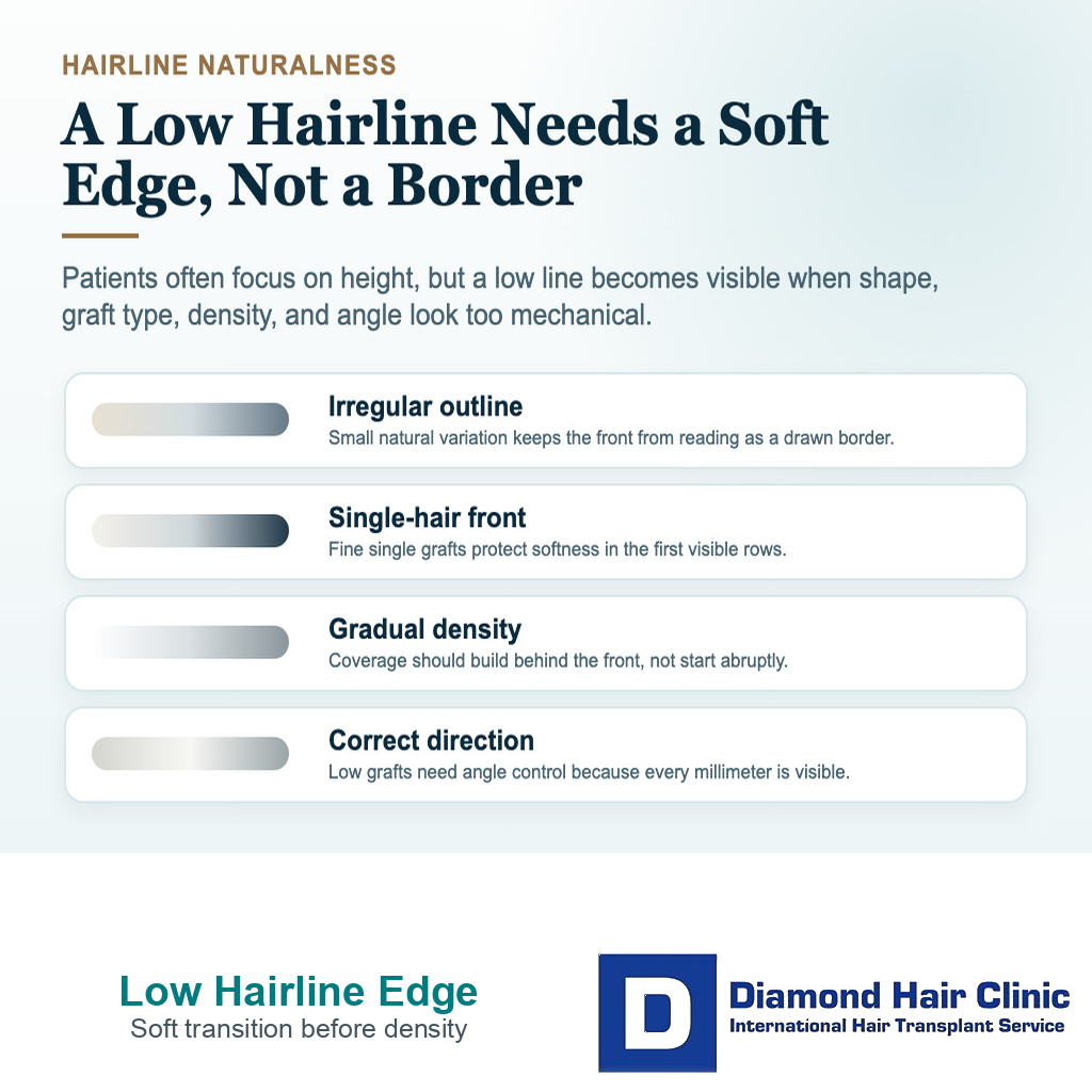 Visual explaining why a low transplanted hairline needs a soft edge instead of a straight border