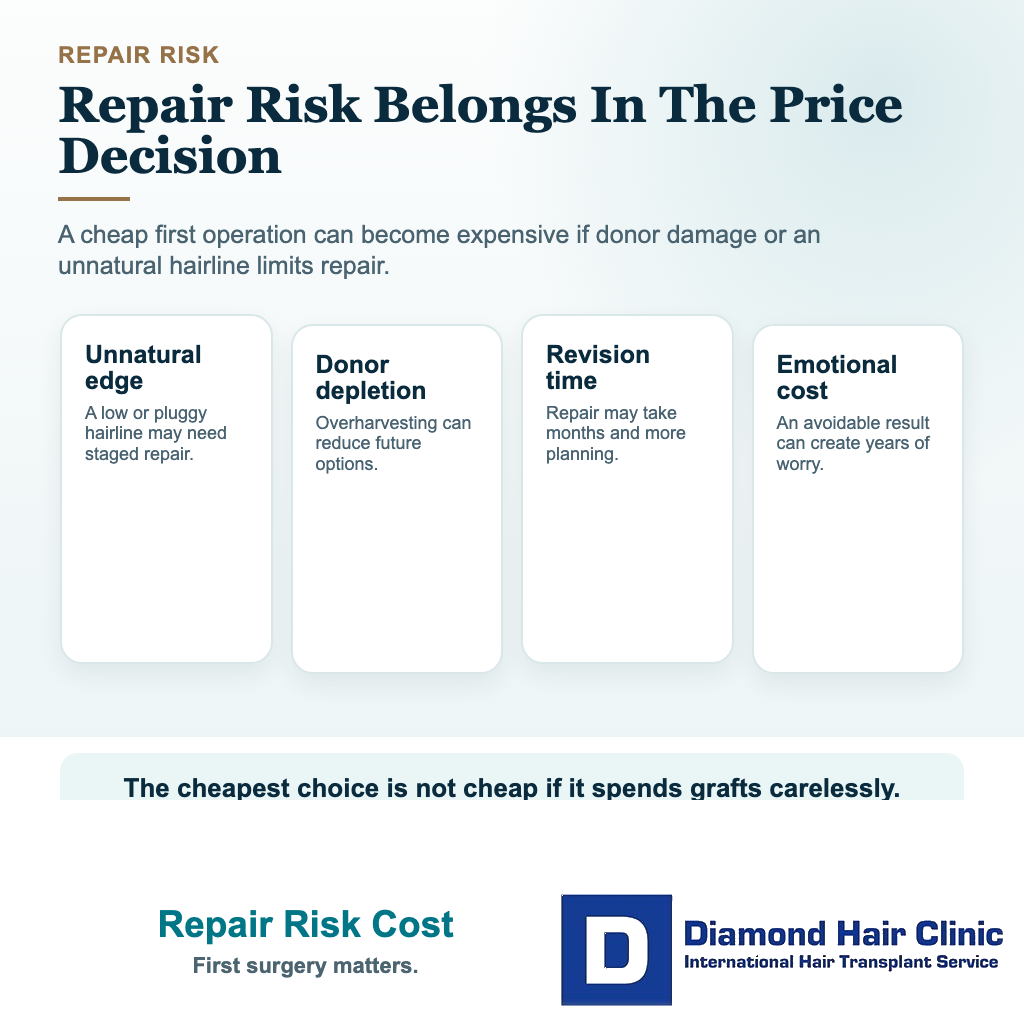 Visual explaining why repair risk should be part of the cost decision when traveling abroad for a hair transplant