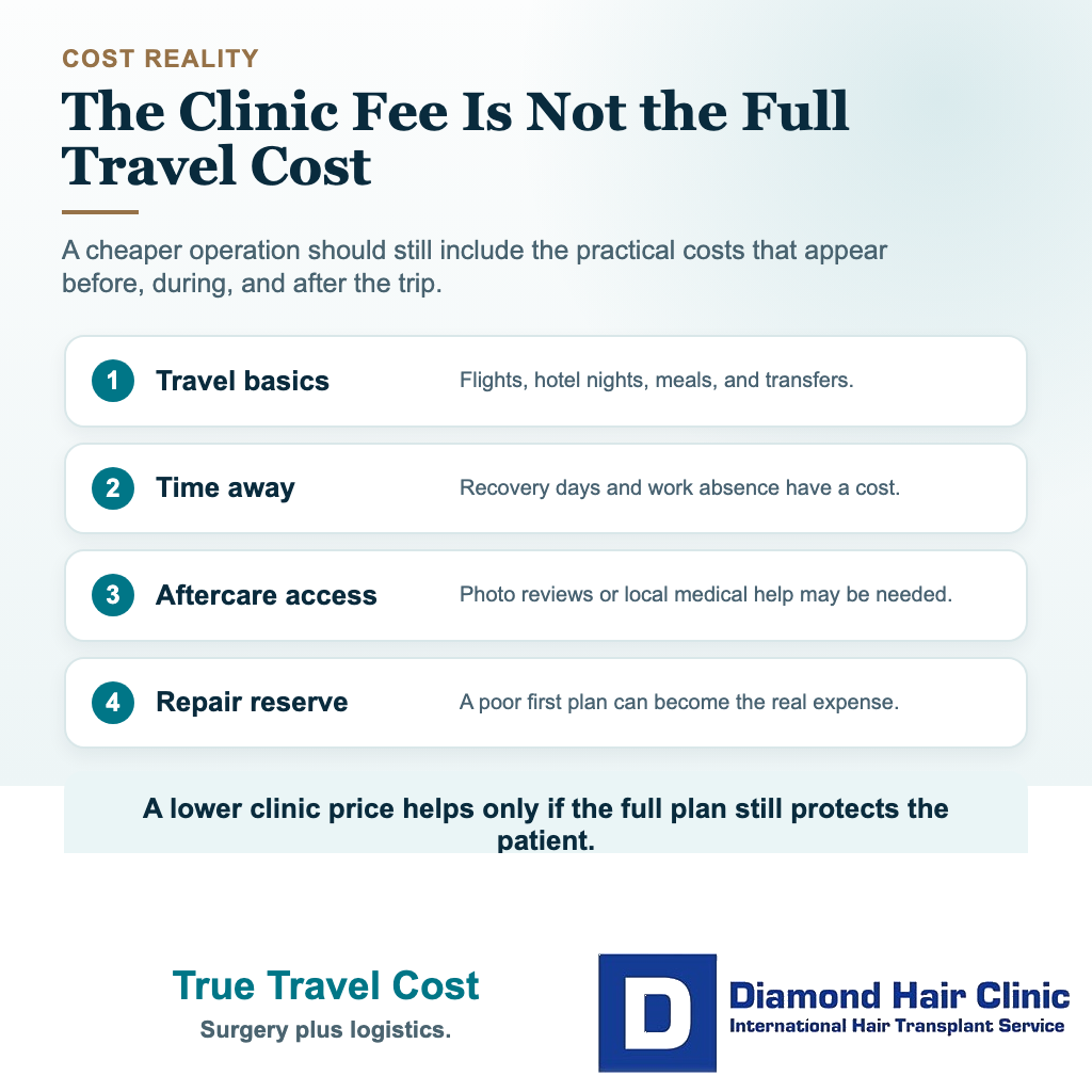 Visual explaining how to calculate the real total cost of traveling abroad for a hair transplant