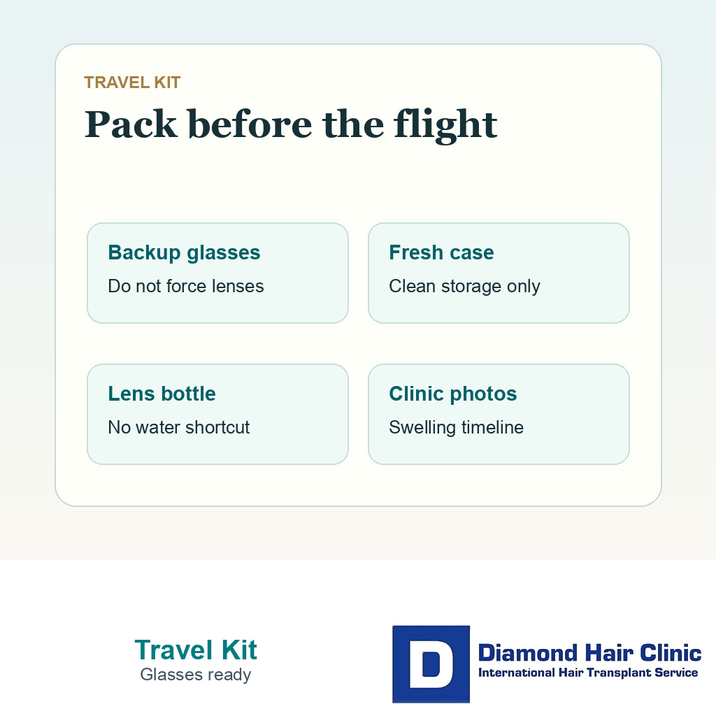 Travel kit card showing backup glasses fresh lens case lens bottle eye drops and clinic photos after hair transplant